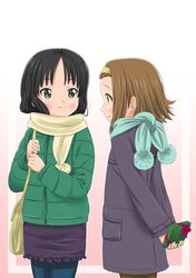  2girls akiyama_mio bag black_eyes black_hair brown_eyes brown_hair gift jacket k-on! multiple_girls p-crush pantyhose purse scarf short_hair tainaka_ritsu winter_clothes 