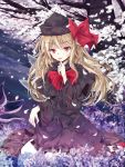  1girl black_dress blonde_hair bow capelet cherry_blossoms dress fairy_wings finger_to_mouth flower hat hat_bow highres lily_black long_hair long_sleeves petals red_eyes sitting smile solo tamago_gohan touhou tree wide_sleeves wings 