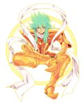  1boy amiko armor green_hair heterochromia highres long_hair male purple_eyes saint_seiya saint_seiya_omega simple_background sitting solo violet_eyes virgo_fudou white_background yellow_eyes 