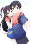  2girls :d bird black_hair blue_eyes blush brown_eyes dera_mochi'mazzui hair_bobbles hair_ornament kitashirakawa_anko kitashirakawa_tamako long_hair looking_at_viewer low_twintails multiple_girls one_side_up open_mouth outstretched_arm outstretched_hand scarf shared_scarf siblings side_ponytail sisters smile tamako_market twintails yamasaki_wataru 