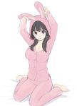  1girl :o animal_costume arms_up barefoot black_hair breasts bunny_costume bunny_hood cleavage copyright_request korisei low_twintails pajamas pink purple_eyes sketch solo violet_eyes 