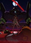  bare_shoulders brown_hair doll dress duplicate end_of_evangelion eva_01 eva_02 eyepatch glowing glowing_eye highres long_hair mecha moon neon_genesis_evangelion night night_sky revision shiwasu_takashi sky solo soryu_asuka_langley souryuu_asuka_langley star_(sky) water 