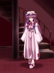  1girl bow breasts coat crescent dress glasses hair_bow hat highres light_smile long_hair patchouli_knowledge ponkotsu_(ayarosu) purple_eyes purple_hair ribbon shoes solo stairs touhou violet_eyes 