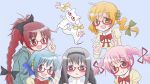  :d adjusting_glasses akemi_homura black_hair blue_background bow braid brown_eyes double_v fang glasses hair_bow hair_ornament hair_ribbon hairband hairclip kaname_madoka kyubey long_hair looking_at_viewer mahou_shoujo_madoka_magica miki_sayaka multiple_girls open_mouth pink_hair red-framed_glasses red_hair ribbon sakura_kyouko sanadafelix simple_background smile tomoe_mami twin_braids twintails v 