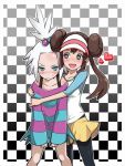  2girls blush brown_hair checkered checkered_background double_bun female_protagonist_(pokemon_bw2) hat heart heart-shaped_pupils homika_(pokemon) hug hug_from_behind long_hair glasses_chuu mei_(pokemon) multiple_girls open_mouth pantyhose pokemon pokemon_(game) pokemon_bw2 shirt shorts skirt smile striped striped_shirt symbol-shaped_pupils twintails visor_cap white_hair yuri 