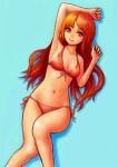  1girl armpits bikini breasts cleavage front-tie_top long_hair lying mitsu_(komainumilk) navel orange_hair original red_eyes side-tie_bikini smile swimsuit 
