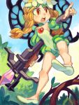  1girl alex_ahad bare_shoulders blonde_hair bow_(weapon) braid butterfly_wings choker crossbow fairy flower freckles hair_flower hair_ornament leotard long_hair mercedes odin_sphere open_mouth pointing pointing_forward pointy_ears puff_and_slash_sleeves red_eyes solo twin_braids weapon wings 