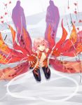  1girl black_legwear breasts center_opening cleavage detached_sleeves fingerless_gloves gloves guilty_crown highres long_hair outstretched_arms pink_hair rakuhei red_eyes solo thigh-highs thighhighs twintails yuzuriha_inori 