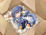  1boy ? blue_eyes blue_hair blush box cardboard_box in_container kaito kaito_(vocaloid3) looking_at_viewer scarf shinyae sleepy solo vocaloid wince 