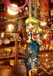  1girl arinu bamboo branch detached_sleeves doll fan frog_hair_ornament green_eyes green_hair hair_ornament hair_tubes highres kochiya_sanae open_mouth scarf scrolls skirt smile snake_hair_ornament solo standing touhou toy 