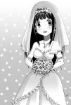  1girl bouquet chitanda_eru dress elbow_gloves flower gloves highres hyouka long_hair monochrome solo strapless_dress vzmk2 wedding_dress 