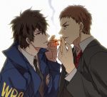  2boys artist_request black_hair blue_eyes brown_hair cigarette cigarette_kiss eye_contact kougami_shin&#039;ya kougami_shin'ya looking_at_another multiple_boys necktie psycho-pass ryouko_(lovelovela) sasayama_mitsuru short_hair simple_background smoke yaoi 