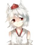  animal_ears bust detached_sleeves hat highres inubashiri_momiji lispict red_eyes short_hair silver_hair smile solo touhou white_background wolf_ears 