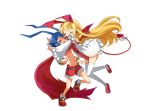  1boy 1girl artist_request bat_wings blonde_hair blue_hair bosutafu demon_girl demon_tail detached_sleeves disgaea dress flonne flonne_(fallen_angel) glomp hug laharl leotard long_hair makai_senki_disgaea pointy_ears red_eyes scarf shirtless shorts smile tail thigh-highs thighhighs white_dress white_legwear wings 