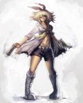  1girl abs belt blonde_hair boots bullet dual_wielding expressionless full_body green_eyes gun hair_ornament highres kagamine_rin knee_boots midriff navel pistol popped_collar ribbon shell_casing short_hair shorts smoke smoking_gun solo torn_clothes vocaloid weapon yilx 