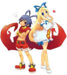  1boy 1girl angel_wings antenna_hair back-to-back blonde_hair blue_eyes blue_hair blush crossed_arms crossover detached_sleeves disgaea dress flonne hair_ribbon heart laharl long_hair makai_senki_disgaea pointy_ears red_eyes ribbon scarf shorts smile white_dress wings yo-chi 