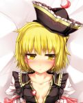  1girl blonde_hair blush breasts collarbone crescent hat kazetto lunasa_prismriver lying no_bra on_back open_clothes short_hair solo touhou yellow_eyes 
