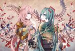  arrow bird blue_eyes crane_(animal) floral_print from_behind green_eyes green_hair hamaya hatsune_miku hexagon ikushima japanese_clothes kimono long_hair looking_back megurine_luka multiple_girls pale_skin pink_hair torii twintails very_long_hair vocaloid 