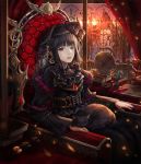  1girl black_eyes black_hair book cat feathers globe jname looking_at_viewer original scale sunset throne 