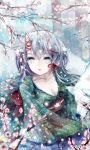  blue_eyes breasts cherry_blossoms cleavage horn japanese_clothes kimono nevakuma_(fanfanas) obi original snow snowing wolf 