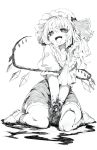  1girl absurdres ascot blood bloody_hands flandre_scarlet graphite_(medium) hat highres konnanottenaiyo long_hair monochrome open_mouth side_ponytail sitting solo touhou traditional_media wariza wings 