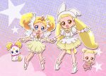  2girls baby blonde_hair blue_eyes brooch brown_eyes candy_(smile_precure!) choker color_connection creature crossover double_bun dual_persona gloves hat head_wings ine jewelry long_hair magical_girl makihatayama_hana multiple_girls ojamajo_doremi ootani_ikue precure royal_candy seiyuu_connection shoes short_hair skirt smile_precure! tiara twintails 