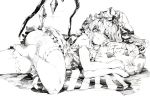  1girl ass dress flandre_scarlet graphite_(medium) hat hat_ribbon highres looking_at_viewer lying monochrome off_shoulder on_stomach oshake pencil_crayon_(medium) pillow ribbon solo thigh-highs touhou traditional_media wings 