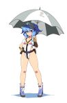  1girl alternate_costume belt blue_eyes blue_hair boots breasts gloves hair_bobbles hair_ornament hand_on_hip highres kawashiro_nitori large_breasts looking_at_viewer meicha_(drill-biyori) one-piece_swimsuit pouch race_queen racequeen short_hair simple_background smile solo swimsuit touhou twintails umbrella visor_cap white_background 