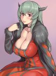  1girl :p adult arm_support blush breasts choker cleavage cosplay demon_girl dress fur_trim horns large_breasts long_hair looking_at_viewer maou_(maoyuu) maou_(maoyuu)_(cosplay) maoyuu_maou_yuusha red_eyes rozen_maiden rozenweapon silver_hair simple_background sitting solo suigintou tongue tongue_out 