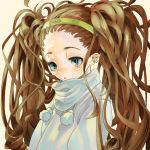  1girl blue_eyes blush brown_hair copyright_request curly_hair dwayne_(wadk) forehead hairband scarf twintails 