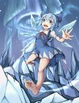  1girl ascot aurora blue_eyes blue_hair bow cirno dress flying grasspainter hair_bow highres ice ice_wings night night_sky open_mouth ribbon short_hair sky smile solo touhou wings 