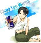  1girl ace_combat ace_combat_5 barefoot black_eyes black_hair can drink energy_drink inaba_tomoe kei_nagase navel product_placement red_bull short_hair solo tank_top 