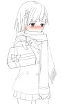  1girl blush incoming_gift glasses_chuu misaka_mikoto monochrome scarf short_hair simple_background skirt solo to_aru_majutsu_no_index white_background 