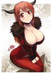  1girl blush breasts choker cleavage demon_girl dress fur_trim highres horns large_breasts long_hair looking_at_viewer maou_(maoyuu) maoyuu_maou_yuusha ookuma_(nitroplus) red_eyes red_hair redhead revision rough sitting smile solo 