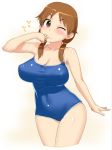  1girl breasts brown_eyes brown_hair cleavage idolmaster idolmaster_cinderella_girls katagiri_sanae large_breasts long_hair oohara_kyuutarou school_swimsuit solo swimsuit twintails whistle wink 