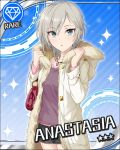  1girl adjusting_collar anastasia_(idolmaster) bag blue_background blue_eyes character_name coat diamond fur fur_collar fur_trim idolmaster idolmaster_cinderella_girls jewelry jpeg_artifacts looking_at_viewer official_art pendant short_hair silver_hair solo winter_clothes 