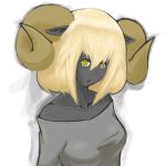 1girl bare_shoulders black_sheep black_skin blonde_hair bob_cut breasts horns kumo_(kumo8159) large_breasts original personification pointy_ears solo sweater taut_shirt yellow_eyes 