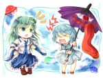 &gt;_&lt; /\/\/\ 2girls bare_legs blue_eyes blue_hair blush boots chibi detached_sleeves frog geta gohei green_eyes green_hair hair_ornament heterochromia karakasa_obake kochiya_sanae kozuki_kai long_hair multiple_girls open_mouth red_eyes short_hair skirt snake tatara_kogasa tongue touhou ufo umbrella