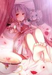  1girl ascot bad_feet barefoot bat_wings brooch canopy_bed cup flower highres jewelry lying on_bed petals pillow purple_hair red_eyes red_rose remilia_scarlet rose sash shirt skirt skirt_set solo stuffed_animal stuffed_bunny stuffed_toy teacup toufukin touhou wings 