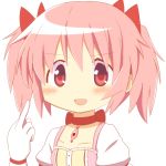  1girl bow choker gloves hair_ribbon hidamari_sketch highres kaname_madoka magical_girl mahou_shoujo_madoka_magica middle_finger open_mouth parody pink_eyes pink_hair ribbon short_hair short_twintails simple_background smile solo soul_gem temo twintails white_gloves 