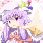  1girl bow crescent dress fingernails foreshortening hair_bow hat hat_ribbon hyurasan light_particles light_trail long_hair looking_at_viewer objection open_mouth patchouli_knowledge payot pointing purple_eyes purple_hair ribbon solo touhou violet_eyes 