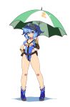  1girl alternate_costume belt blue_eyes blue_hair boots breasts cleavage_cutout gloves hair_bobbles hair_ornament hand_on_hip highres kawashiro_nitori large_breasts looking_at_viewer meicha_(drill-biyori) one-piece_swimsuit pouch race_queen racequeen short_hair simple_background smile solo swimsuit touhou twintails umbrella visor_cap white_background 