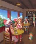  4girls animal_ears ankle_socks backless bandana bandanna bat_wings blonde_hair blue_dress blue_hair blue_sky book bow braid breasts cake ceiling chair china_dress chinese_clothes cirno closed_eyes cloud clouds counter cup dress drink eyes_closed fence flandre_scarlet flower food funny_glasses glass glasses hair_bow hand_to_chin hands_together hat hat_ribbon head_rest hong_meiling lamp landscape lavender_hair light long_hair mary_janes minigirl mio-muo1206 mob_cap mountain mouse_ears multiple_girls no_socks paper pen pink_dress red_dress red_eyes red_hair redhead remilia_scarlet restaurant ribbon saucer shelves shoes short_hair short_sleeves side_ponytail sitting sky sleeveless spoon star table teacup teapot touhou twin_braids wings wooden_floor 