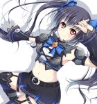  1girl armpits belt black_hair blush bow breasts choujigen_game_neptune detached_sleeves gem hair_bow hair_ornament jiino kami_jigen_game_neptune_v long_hair midriff navel noire red_eyes ribbon smile solo twintails very_long_hair white_background 