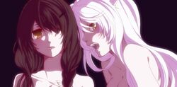  animal_ears bakemonogatari black_hair black_hanekawa breasts cat_ears curry_gohan dual_persona fangs hanekawa_tsubasa long_hair monogatari_(series) multiple_girls nekomonogatari nude open_mouth white_hair yellow_eyes 