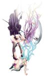  blue_hair boots bracelet detached_sleeves falling floating_hair hatsune_miku highres jewelry long_hair megurine_luka multiple_girls nyundai_(ibr) pink_hair scythe thigh-highs thigh_boots thighhighs vocaloid white_background 