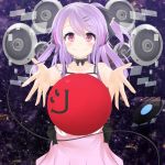  1girl ball blush camisole hair_ornament hairclip headphones highres long_hair looking_at_viewer morinaoekaki original outstretched_arms purple_eyes purple_hair record side_ponytail skirt smile solo speaker violet_eyes 