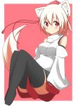  1girl animal_ears black_legwear blush detached_sleeves hat hat_ribbon highres inubashiri_momiji long_sleeves looking_at_viewer mii no_shoes red_eyes ribbon shirt short_hair silver_hair skirt smile solo tail thigh-highs thighhighs tokin_hat touhou wide_sleeves wolf_ears wolf_tail 