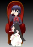  1girl bird black_hair blue_eyes chair chuunibyou_demo_koi_ga_shitai! company_connection crossed_legs crossover dera_mochi&#039;mazzui eyepatch honjou kyoto_animation legs_crossed school_uniform short_hair side_ponytail sitting takanashi_rikka tamako_market thigh-highs thighhighs 