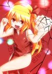  1girl :d alternate_costume bare_arms bare_legs bare_shoulders blonde_hair chinese_clothes clenched_hand clenched_hands cosplay fang fingernails flandre_scarlet foreshortening fourth_wall hair_ribbon no_hat no_headwear open_mouth punching red_eyes ribbon short_hair side_ponytail side_slit smile solo takorice touhou 
